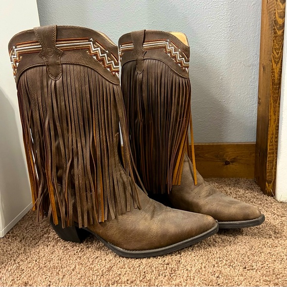 ROPER Womens Fringes Snip Toe Casual Boots Mid Calf Mid Heel 2-3" - Brown - Picture 1 of 4